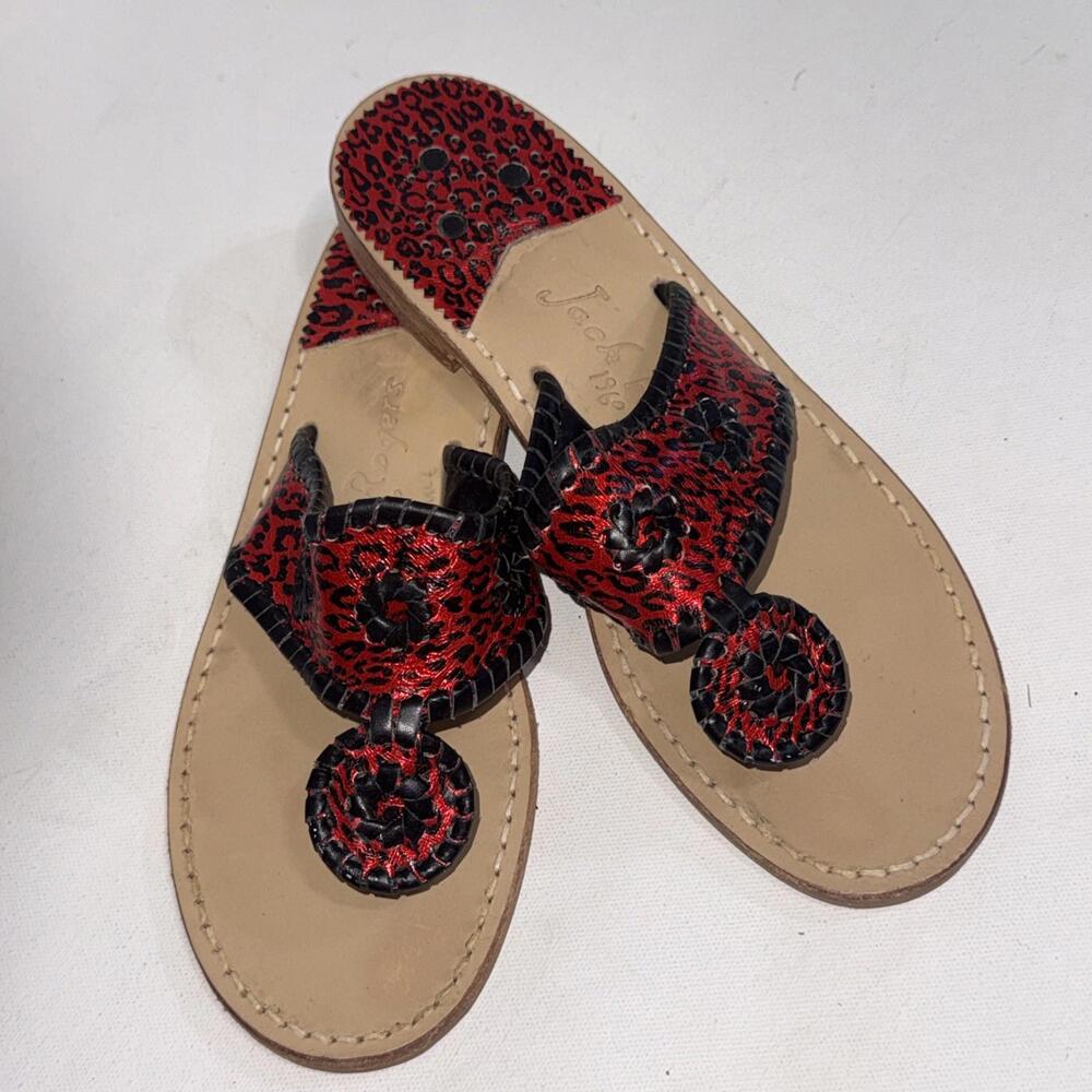 Jack Rogers Navajo Red Black‎ Leopard Print Preppy Designer Hand Made Sandals 7